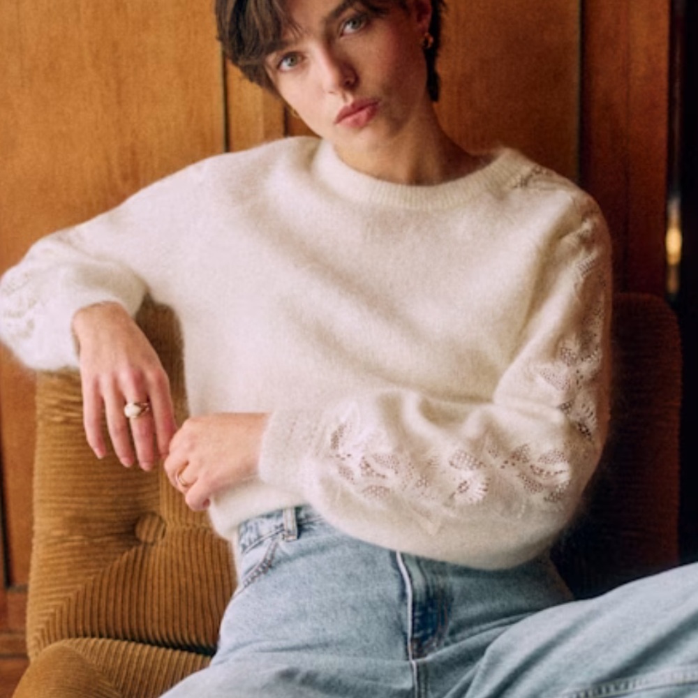 Sezane Cream Lace Detail Sweater